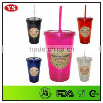 BPA Free 16 oz double wall plastic tumbler mug with straw and flat lid