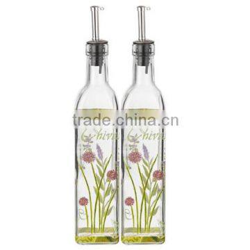 SINOGLASS 2 pcs 500ml square shape fresh herbs decal glass oil and vinegar bottle jar