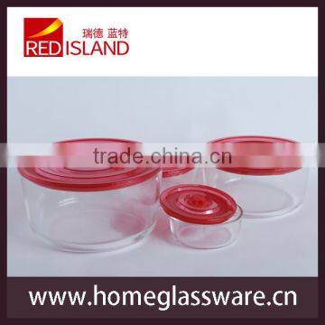 round tempered glass food storage box with plastic lid