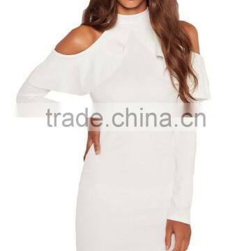 Women Frill Cold Shoulder Long Sleeve Mini Short Bodycon Club Dress White photo-3