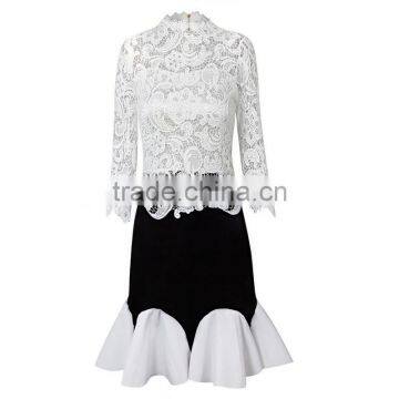 High collar long sleeve Knee length white lace dress