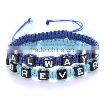Always and Forever plastic letter charm string woven bracelets adjustable size string cord knotted bracelets for promotion items
