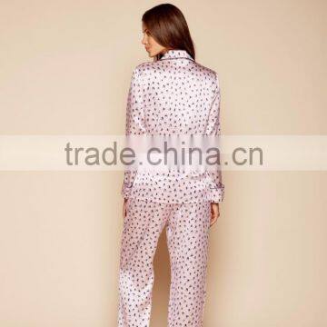 2017 MGOO Customized Pattern Printing Silk Pyjamas Long Sleeve Piping Pocket Satin Sleepwear Set For Women photo-2