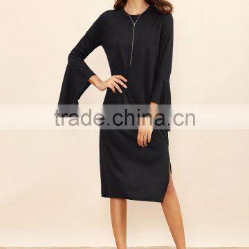 Black Bell Sleeve Split Hem Tee Dress Polyester Spandex Long Sleeve Round Neck Casual Midi Dress photo-2