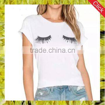 Latest custom eyelashes pattern printing white t shirt designs for women short sleeve tops cotton 100%