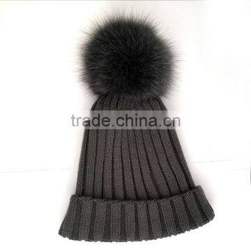 Myfur Dark Grey Knitting Hat for Adults With Real Fox Fur Pompom