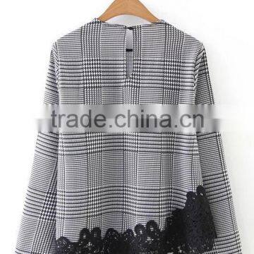 Runwaylover EY2378B Ladies 2017 Fashion Lace Splice Plaid Blouse photo-6