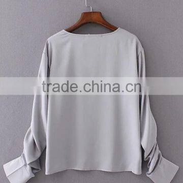 Runwaylover EY2335B Women Fold Sleeve Pure Color Blouse 2017 photo-3