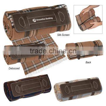 Tartan Roll-Up Blanket - 51" x 69", 100% acrylic, includes leatherette strap and comes with your logo