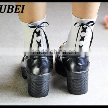 Bandage Bow Princess Cotton Black and White Students Young Girl Tube Short Socks photo-2