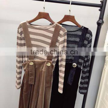 B22672A Autumn Ladies Long Sleeved Sweater Waist Overalls Corduroy Wide Leg Pants Suit