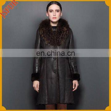 Hot sale women double face leather overcoat high quality raccoon fur collar leather coat with real sheepskin fur