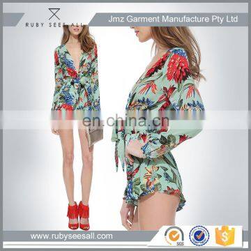 Deep V neck Sexy Chiffon Flower Printing Jumpsuit Short For Lady