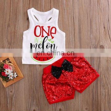 Sequin Short Boutique Kids Clothes Set Melon Printed Girls Wear Summer Outfits