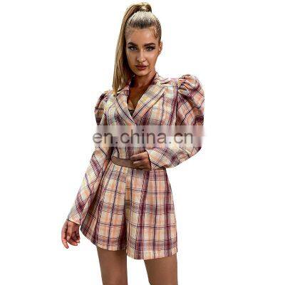 Small suit women's jacket plaid long-sleeved short belly shorts suit double-breasted V-neck lapel puff sleeve short top