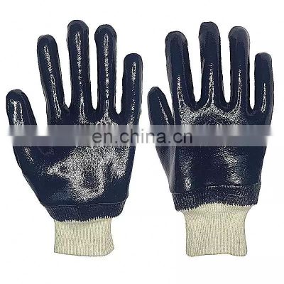 Cheap Oil Proof Cotton Jersey Lining Full Coated Blue Nitrile Gloves With Elastic Wrist Chemical-Resistant Industrial Glove