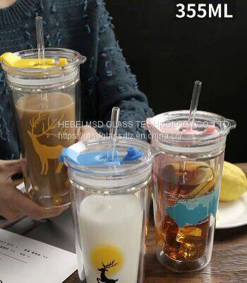 Deer Cup Custom 400ml Frosted Glass Tumbler With Silicone Sleeve Borosilicate Glass Cup With Lid and Straw photo-4