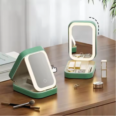 Portable LED Lighted Makeup Mirror With Multi-Functional Rechargeable Cosmetics Storage Case