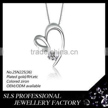 Cubic Zirconia jewelry pendant necklace alloy plated high polished half silver heart necklace