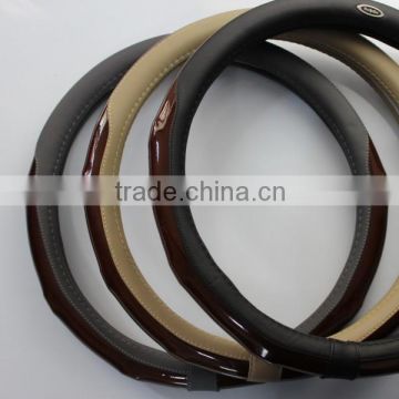 leather and wood car steering wheel cover