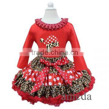 Red Polka Dots Leopard Pettiskirt with Xmas Santa Hat Ruffles Collar Red Long Sleeves Tee