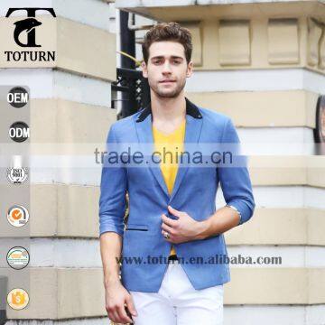 2016 High Quality New Fashion Middle Sleeve Style Blazer One Button Sky Blue Slim Fit Jacket Business Suit For Man
