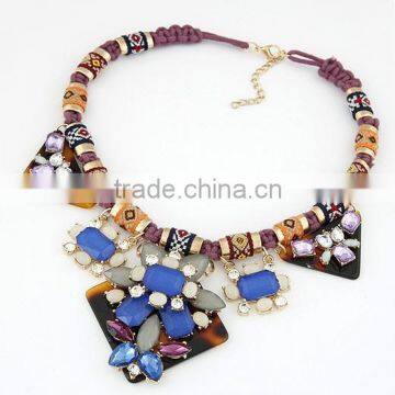 Indian Tribe Cotton Rope Statement Necklace Tortoise Color Acrylic Board Bib Necklace