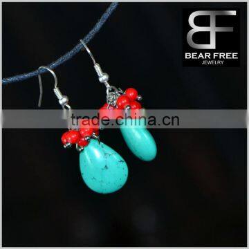 Retro Jewelry Dangling Tuiquoise Blue Teardrop water-drop Red Beads Drop Earrings