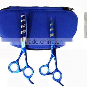 Titanium Blue Color Barber Scissor & Thinning Scissor Set 6.5" With Leather Case Packaging