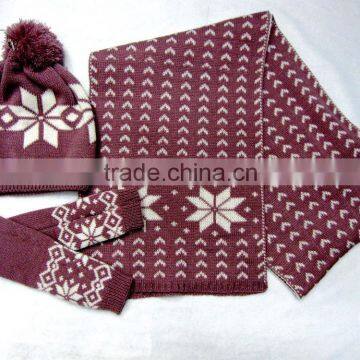 wholesale knitted jacquard hat scarf and glove set for girls