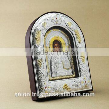 Greek & Russian Orthodox Big Wooden Icon. Christ Pantocrator. Silver Edging photo-5