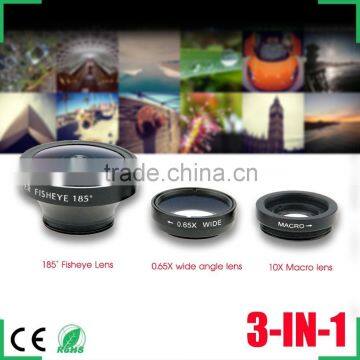 Universal 3 in1 Macro 10X + 185 degrees fisheye +0.65X super wide Angle lens 3 colors