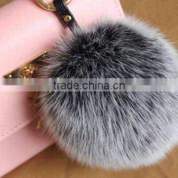 Fluffy Big Round 14cm Silver Fox Fur Pom Poms with Keychain