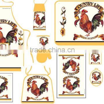 printed cotton kitchen apron set pot holder oven mitten apron set with rooster design