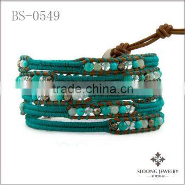 Mix Stone Wrap Bracelet On Turquoise Leather