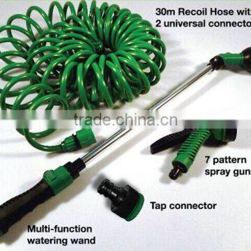 Garden coiled watering hose wand and 7 pattern spray gun