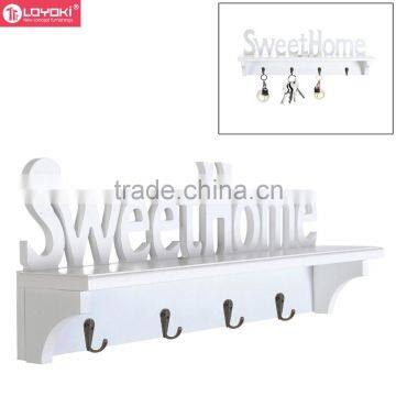 Home Furniture"Sweet Home" Design White Wood Wall Mounted Shelf With 4 Coat Hook Entryway Organizer Storager Rack Wall Shelf photo-3