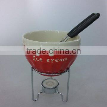 ceramic colored chocolate fondue warmer with metal rack