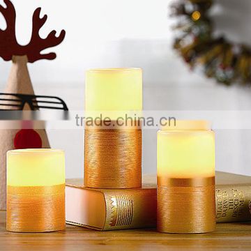 S/3 Flameless LED Gold Christmas Pillar Candles With Silk Effect