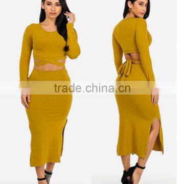 Alibaba Suppliers Bulk Apparel Spring Women Dresses Sexy Mustard Two Piece Long Sleeve Knee Length Bodycon Midi Dress Set