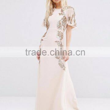 women's Floral Embellished Flutter Sleeve Maxi Dress