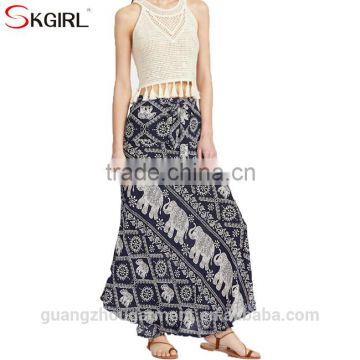 Women loose vintage boho hippie retro elephant print wrap long maxi skirts for summer beach wear