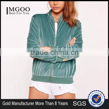 Women Velvet Bomber Jacket Green Ribbed Trim Zip Up Coat With Side Pockets With Custom Tag And Label