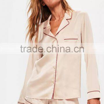 Custom Design Plain Nude Satin Pyjama Set With Contrast Burgundy Piping Button Top With Shorts photo-2