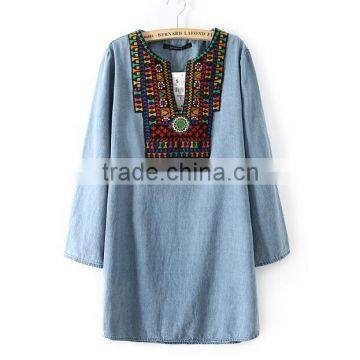 EY0588A Hot Salling Women Ethnic Wind Embroidery Long-sleeved Cowboy Dress photo-2