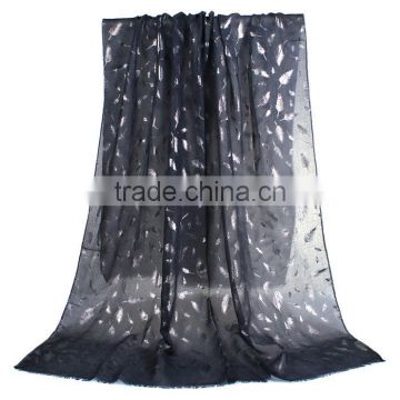 Cotton Polyester Blend Scarves & Wraps Rectangle Silver Black Feather Fashion Scarf 2017