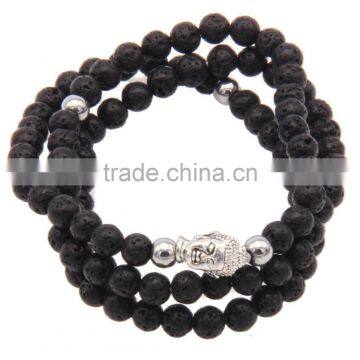 Black Lava Stone Beads Buddha Bracelet Three Layered Religion Tibet Charm Jewelry