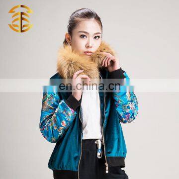 New Design Women Custom Satin Bomber Jacket with Fox Fur Collar