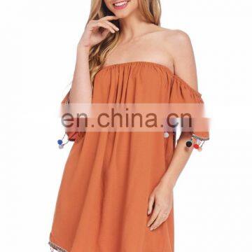 2017 New Fashionable Girl's Rayon Dyed Short Off Shoulder Dress With Designer Lace