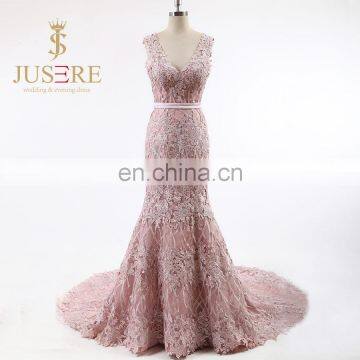 Newest Fashion Delicate Embroideried Pink Evening Dresses 2016 V Neck Backless Mermaid Prom Dresses